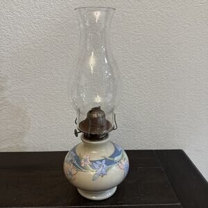 Vintage 1980’s Kaadan Ltd Floral Hurricane Oil Lamp Milk Glass 15”
